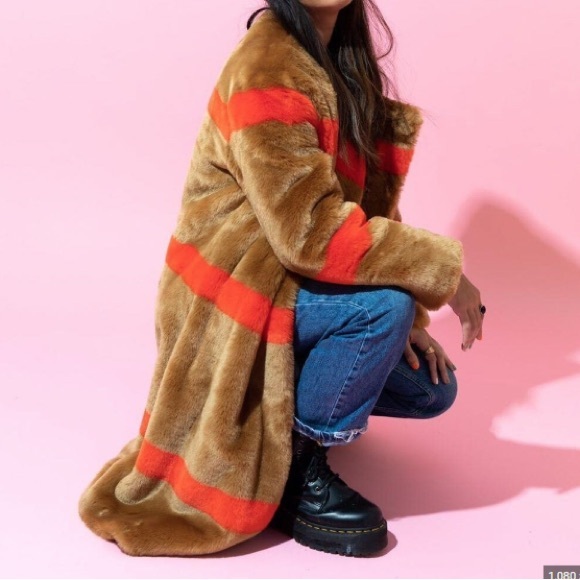 STAND STUDIO Brown and Red Stripe Faux Fur Coat - Picture 2 of 6